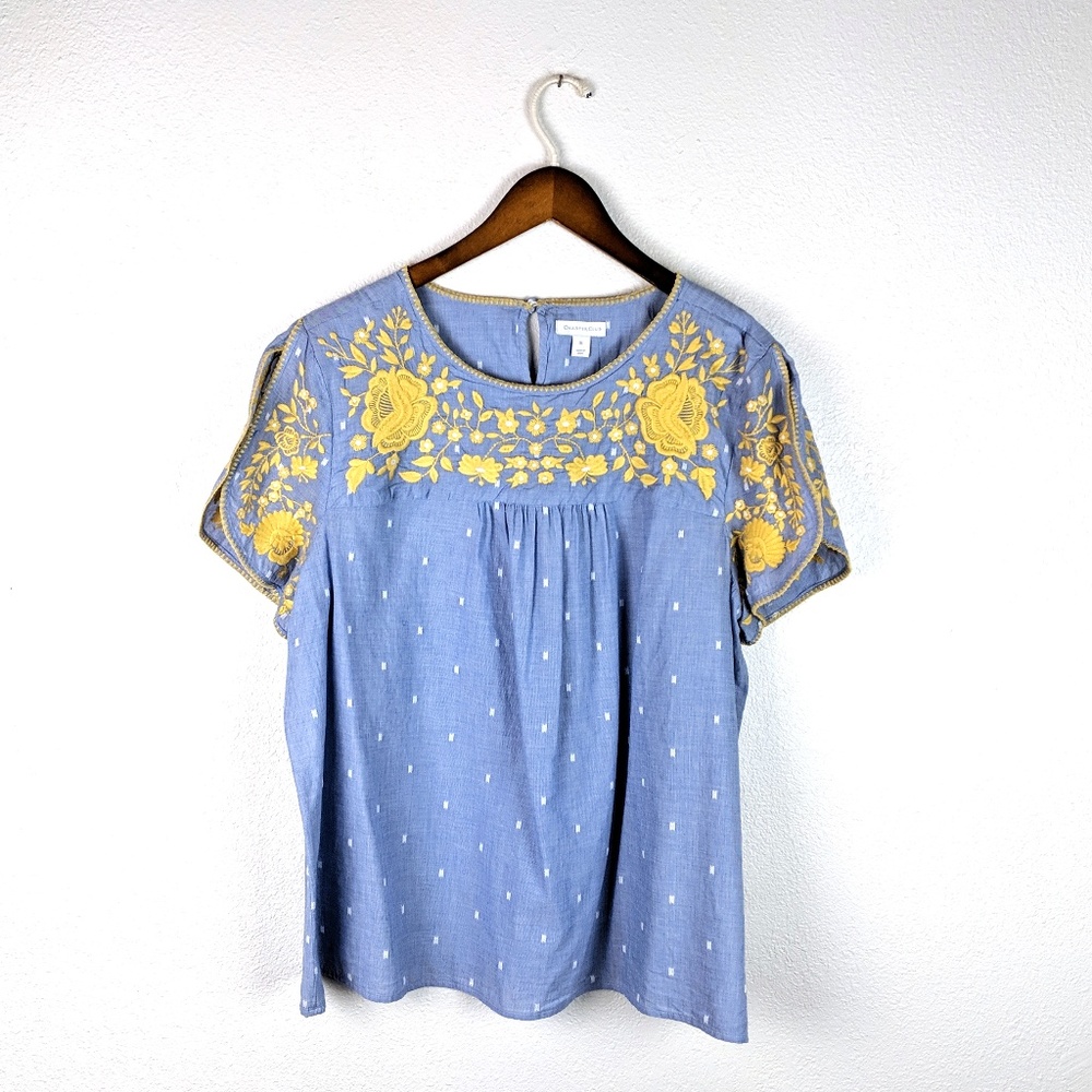Charter Club Chambray Top Floral Embroidery XL